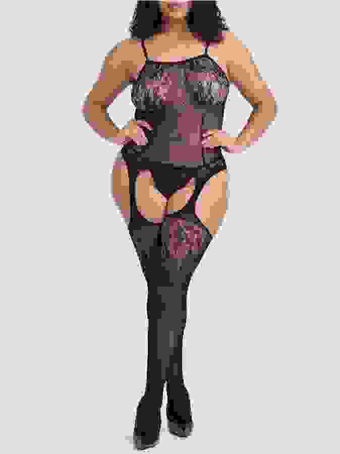 Lovehoney Plus Size Up All Night Lace Bodystocking, Black, hi-res
